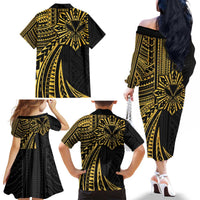 Hawaii And Philippines Family Matching Off The Shoulder Long Sleeve Dress and Hawaiian Shirt Kanaka Maoli With Tribal Sun Together Gold LT05 - Polynesian Pride