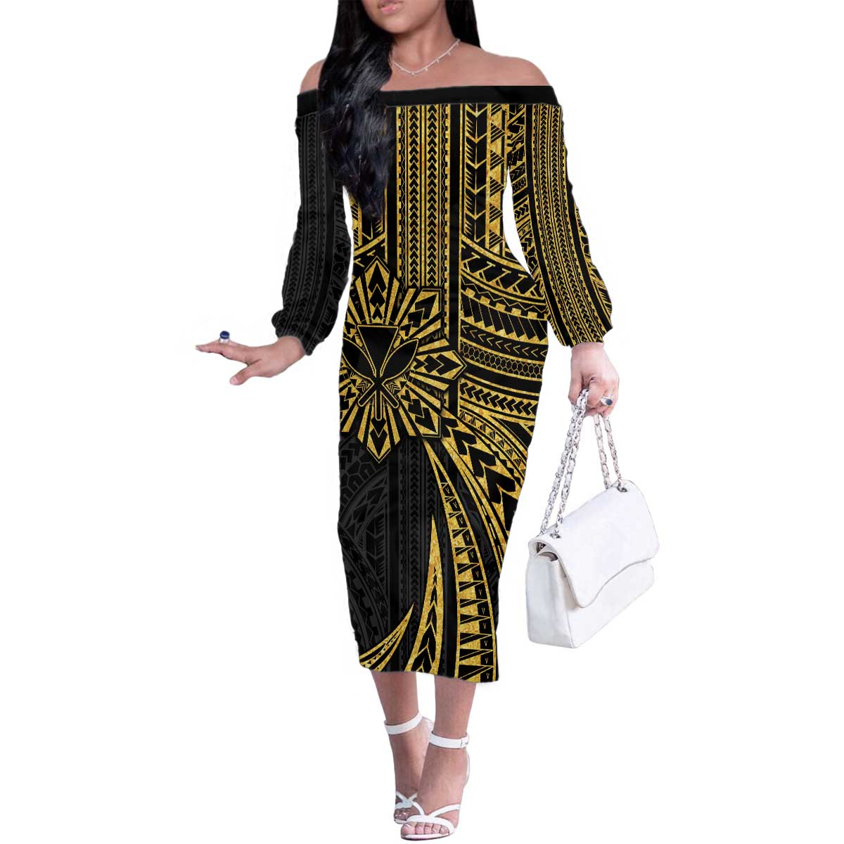 Hawaii And Philippines Family Matching Off The Shoulder Long Sleeve Dress and Hawaiian Shirt Kanaka Maoli With Tribal Sun Together Gold LT05 Mom's Dress Gold - Polynesian Pride