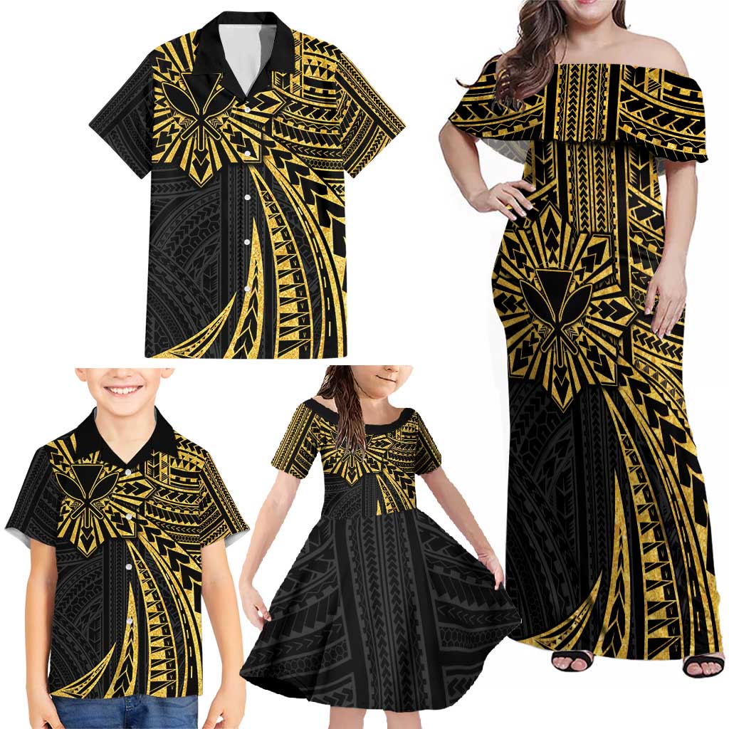Hawaii And Philippines Family Matching Off Shoulder Maxi Dress and Hawaiian Shirt Kanaka Maoli With Tribal Sun Together Gold LT05 - Polynesian Pride