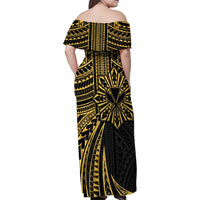 Hawaii And Philippines Family Matching Off Shoulder Maxi Dress and Hawaiian Shirt Kanaka Maoli With Tribal Sun Together Gold LT05 - Polynesian Pride