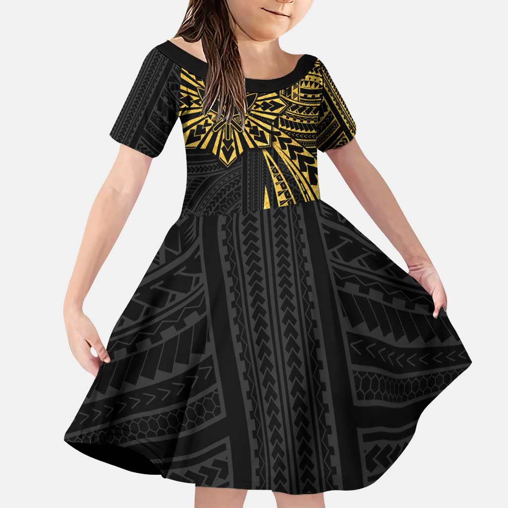 Hawaii And Philippines Family Matching Puletasi and Hawaiian Shirt Kanaka Maoli With Tribal Sun Together Gold LT05 Daughter's Dress Gold - Polynesian Pride