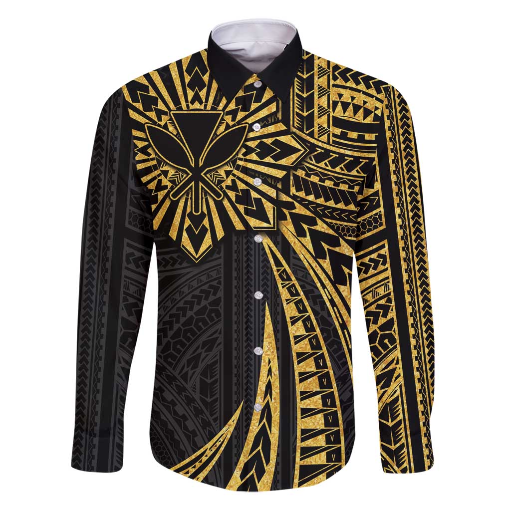 Hawaii And Philippines Family Matching Puletasi and Hawaiian Shirt Kanaka Maoli With Tribal Sun Together Gold LT05 Dad's Shirt - Long Sleeve Gold - Polynesian Pride