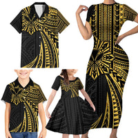 Hawaii And Philippines Family Matching Short Sleeve Bodycon Dress and Hawaiian Shirt Kanaka Maoli With Tribal Sun Together Gold LT05 - Polynesian Pride