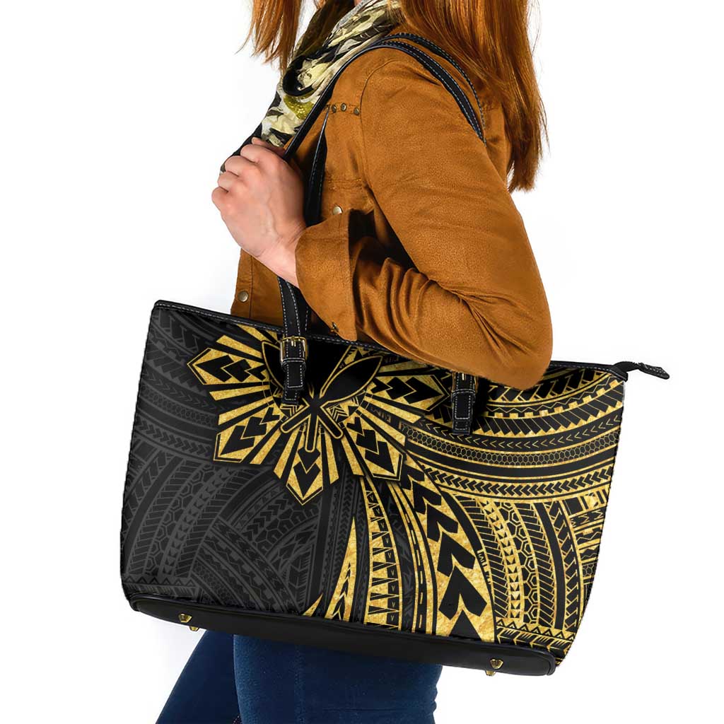 Hawaii And Philippines Leather Tote Bag Kanaka Maoli With Tribal Sun Together Gold LT05 Gold - Polynesian Pride