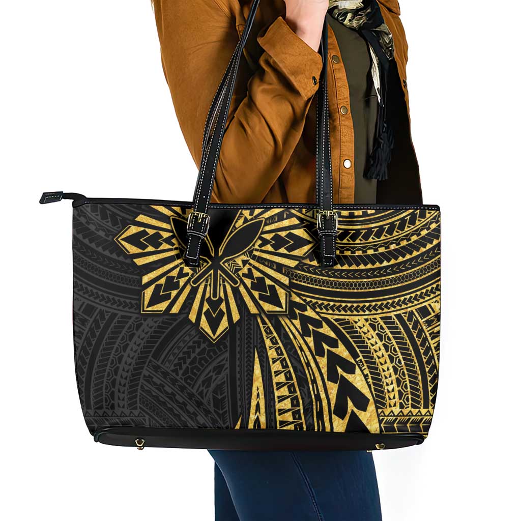 Hawaii And Philippines Leather Tote Bag Kanaka Maoli With Tribal Sun Together Gold LT05 - Polynesian Pride
