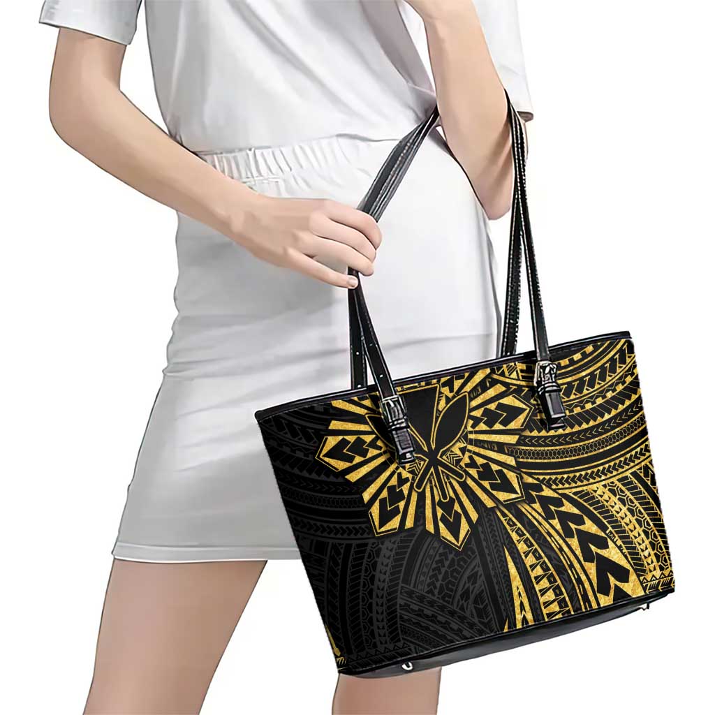 Hawaii And Philippines Leather Tote Bag Kanaka Maoli With Tribal Sun Together Gold LT05 - Polynesian Pride