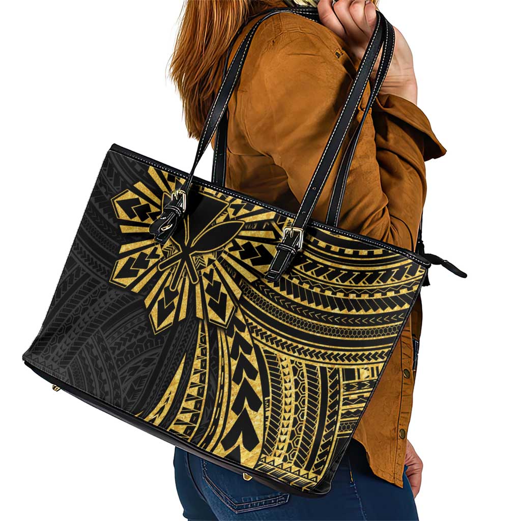 Hawaii And Philippines Leather Tote Bag Kanaka Maoli With Tribal Sun Together Gold LT05 - Polynesian Pride