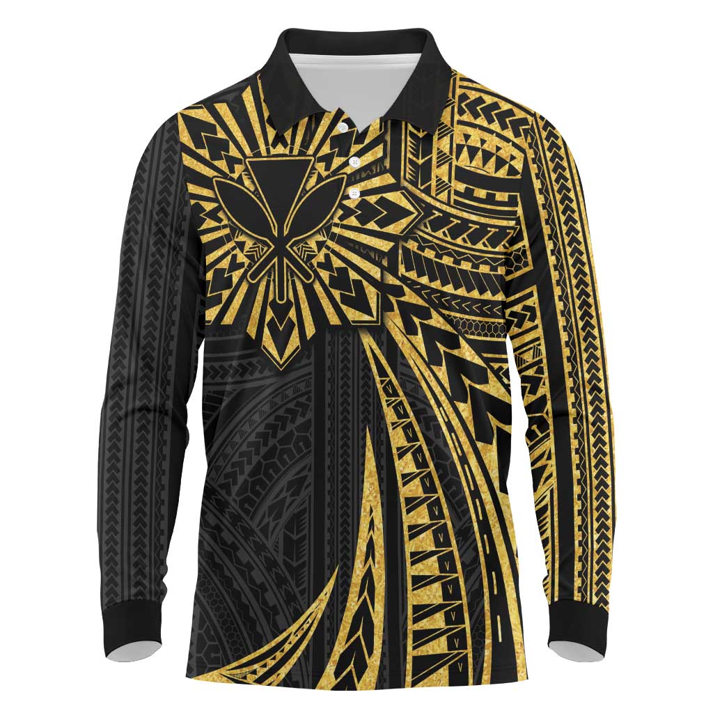 Hawaii And Philippines Long Sleeve Polo Shirt Kanaka Maoli With Tribal Sun Together Gold LT05 Gold - Polynesian Pride