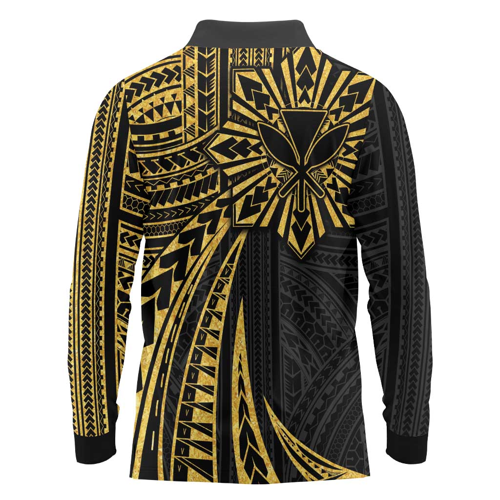 Hawaii And Philippines Long Sleeve Polo Shirt Kanaka Maoli With Tribal Sun Together Gold LT05 - Polynesian Pride