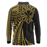 Hawaii And Philippines Long Sleeve Polo Shirt Kanaka Maoli With Tribal Sun Together Gold LT05 - Polynesian Pride