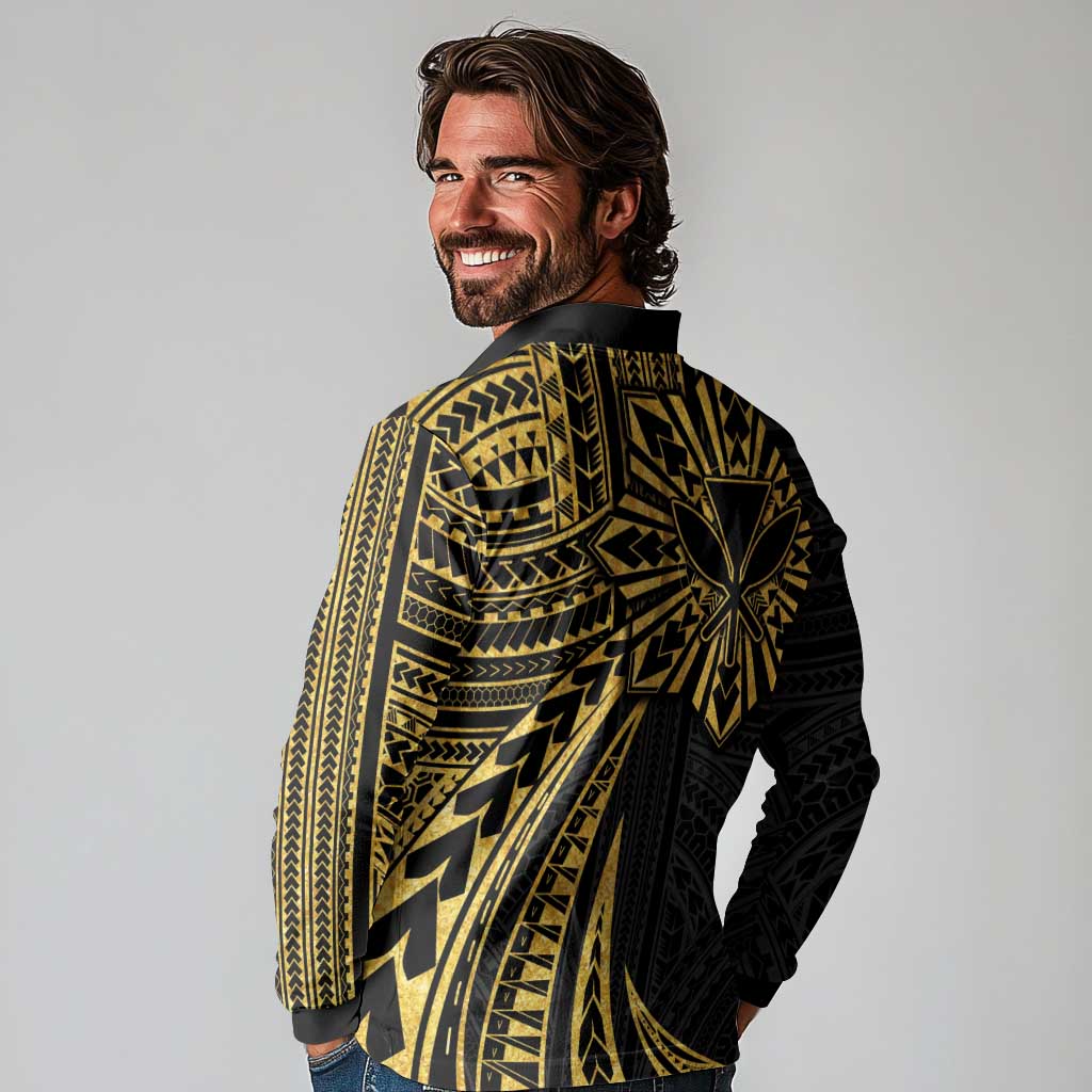 Hawaii And Philippines Long Sleeve Polo Shirt Kanaka Maoli With Tribal Sun Together Gold LT05 - Polynesian Pride