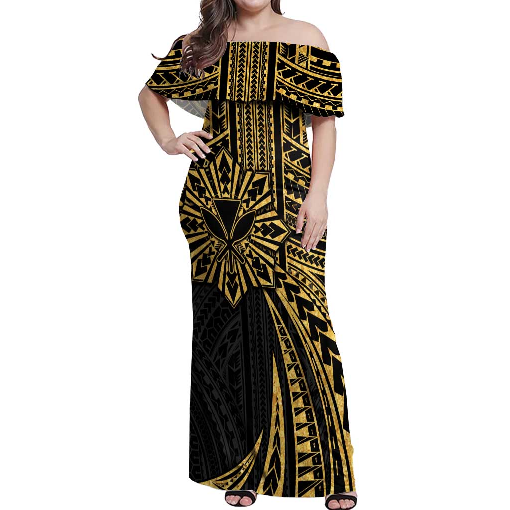 Hawaii And Philippines Off Shoulder Maxi Dress Kanaka Maoli With Tribal Sun Together Gold LT05 Women Gold - Polynesian Pride