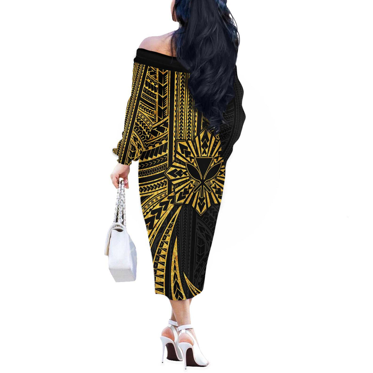 Hawaii And Philippines Off The Shoulder Long Sleeve Dress Kanaka Maoli With Tribal Sun Together Gold LT05 - Polynesian Pride