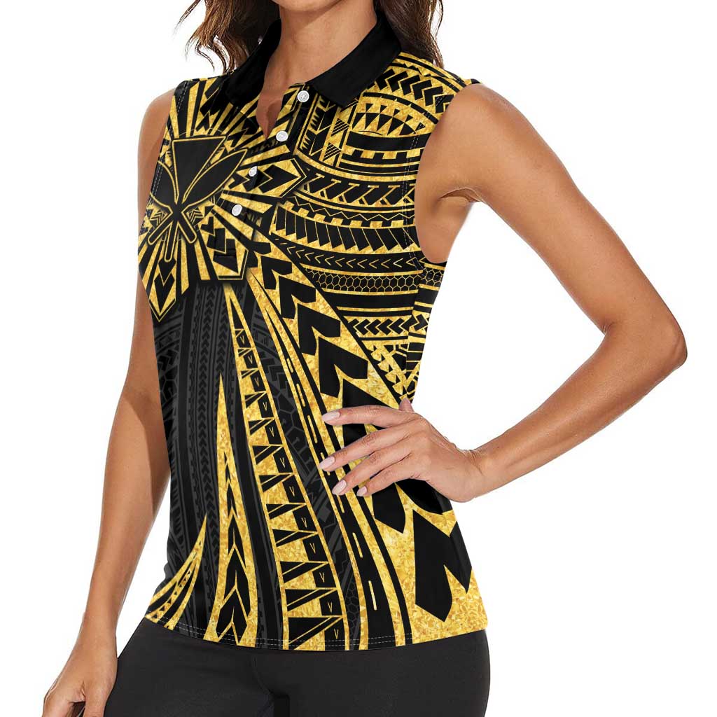 Hawaii And Philippines Women Sleeveless Polo Shirt Kanaka Maoli With Tribal Sun Together Gold LT05 - Polynesian Pride
