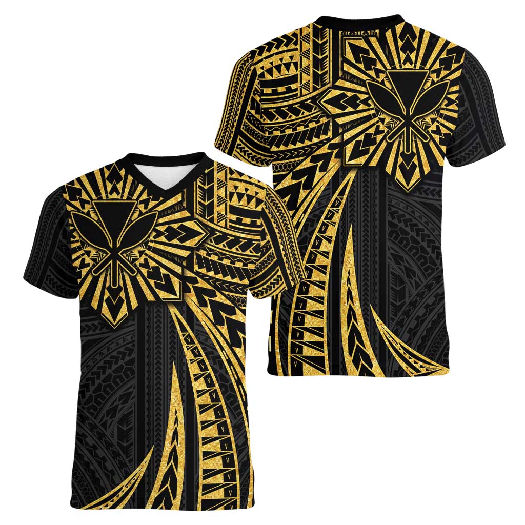 Hawaii And Philippines Women V-Neck T-Shirt Kanaka Maoli With Tribal Sun Together Gold LT05 - Polynesian Pride