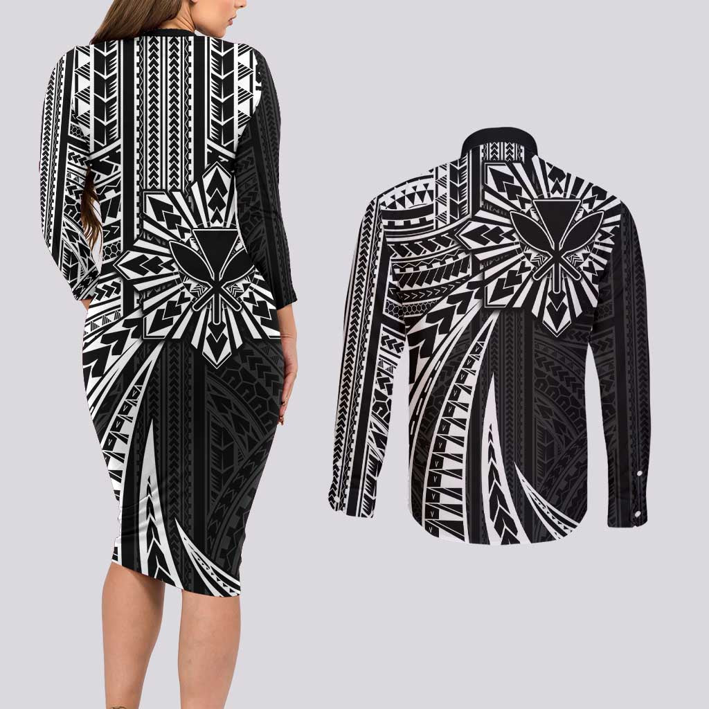 Hawaii And Philippines Couples Matching Long Sleeve Bodycon Dress and Long Sleeve Button Shirt Kanaka Maoli With Tribal Sun Together Black LT05 - Polynesian Pride