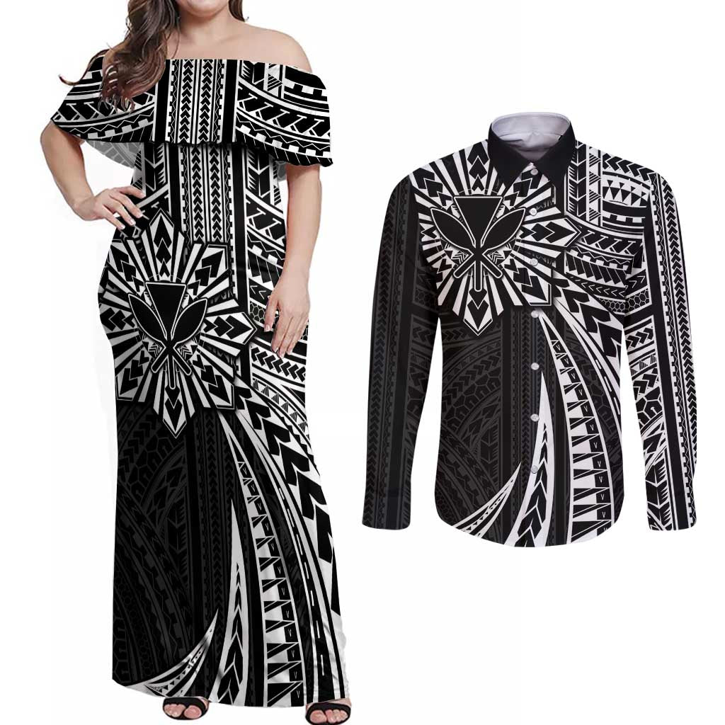 Hawaii And Philippines Couples Matching Off Shoulder Maxi Dress and Long Sleeve Button Shirt Kanaka Maoli With Tribal Sun Together Black LT05 Black - Polynesian Pride