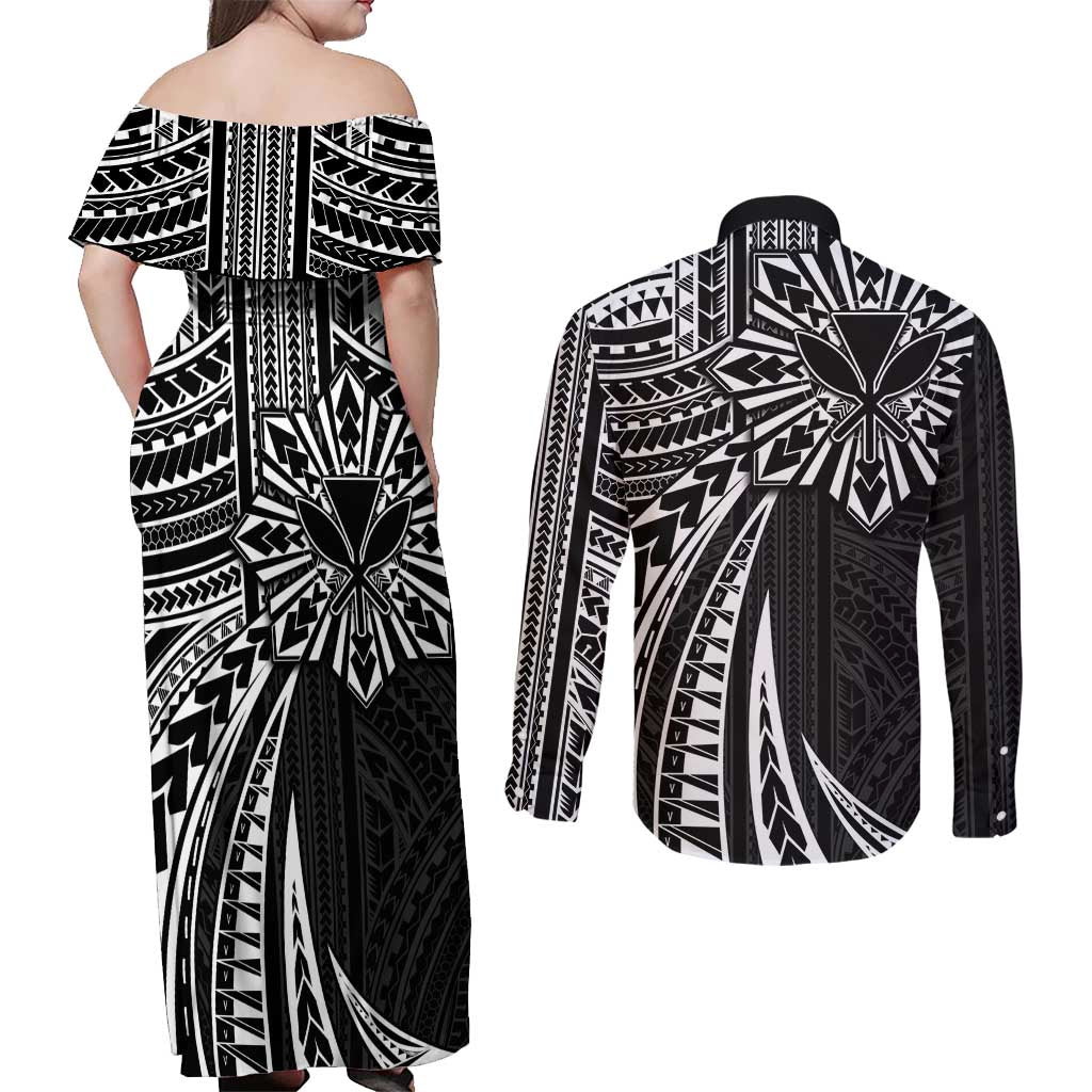 Hawaii And Philippines Couples Matching Off Shoulder Maxi Dress and Long Sleeve Button Shirt Kanaka Maoli With Tribal Sun Together Black LT05 - Polynesian Pride