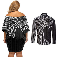 Hawaii And Philippines Couples Matching Off Shoulder Short Dress and Long Sleeve Button Shirt Kanaka Maoli With Tribal Sun Together Black LT05 - Polynesian Pride