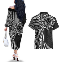 Hawaii And Philippines Couples Matching Off The Shoulder Long Sleeve Dress and Hawaiian Shirt Kanaka Maoli With Tribal Sun Together Black LT05 - Polynesian Pride