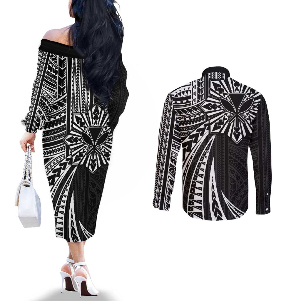 Hawaii And Philippines Couples Matching Off The Shoulder Long Sleeve Dress and Long Sleeve Button Shirt Kanaka Maoli With Tribal Sun Together Black LT05 - Polynesian Pride