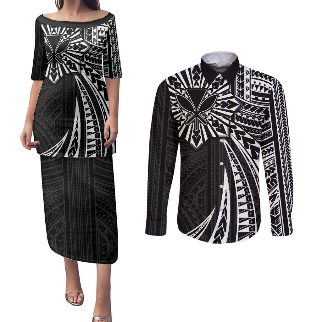 Hawaii And Philippines Couples Matching Puletasi and Long Sleeve Button Shirt Kanaka Maoli With Tribal Sun Together Black LT05 Black - Polynesian Pride