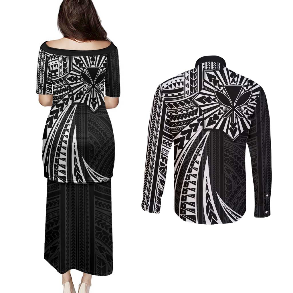 Hawaii And Philippines Couples Matching Puletasi and Long Sleeve Button Shirt Kanaka Maoli With Tribal Sun Together Black LT05 - Polynesian Pride