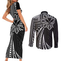 Hawaii And Philippines Couples Matching Short Sleeve Bodycon Dress and Long Sleeve Button Shirt Kanaka Maoli With Tribal Sun Together Black LT05 - Polynesian Pride