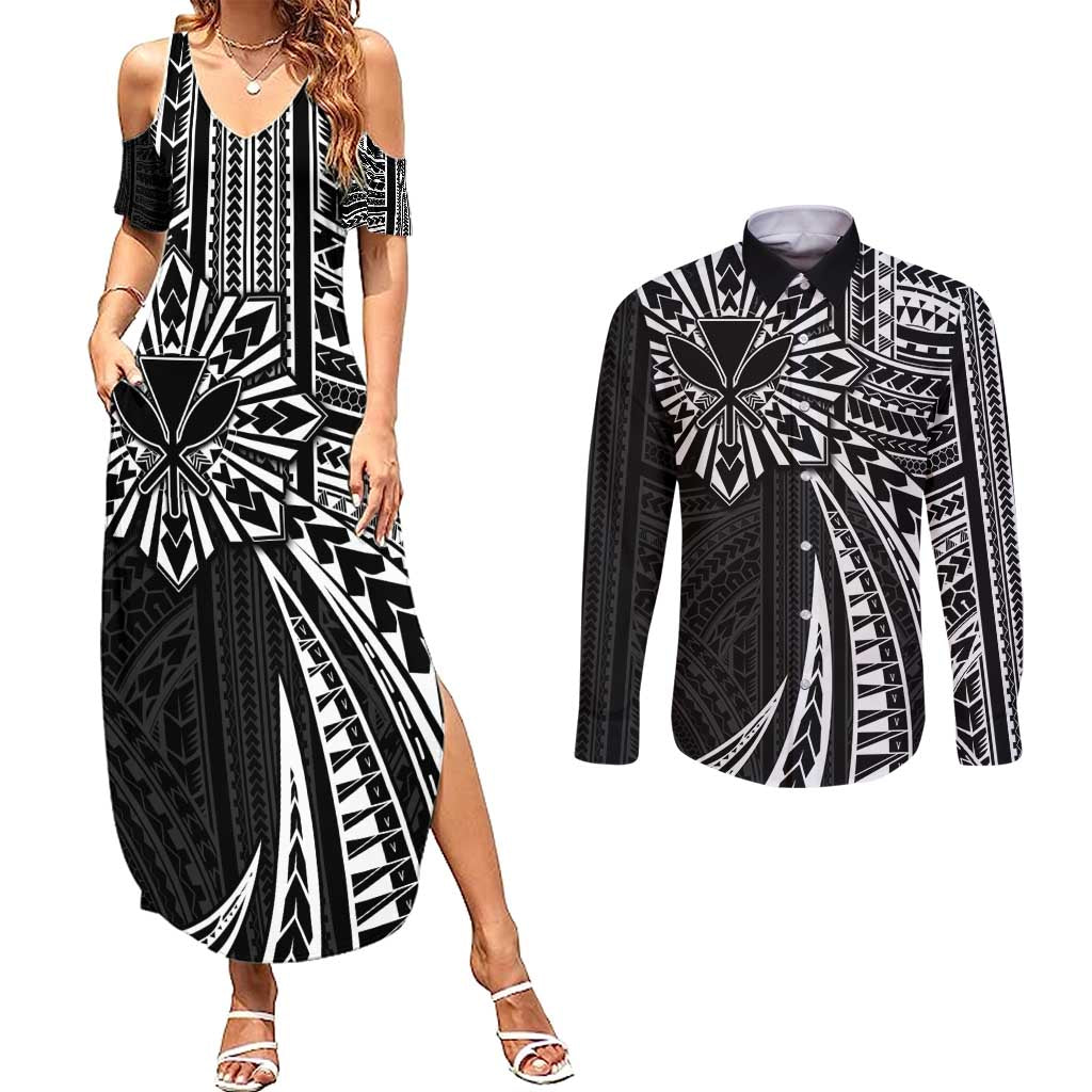 Hawaii And Philippines Couples Matching Summer Maxi Dress and Long Sleeve Button Shirt Kanaka Maoli With Tribal Sun Together Black LT05 Black - Polynesian Pride