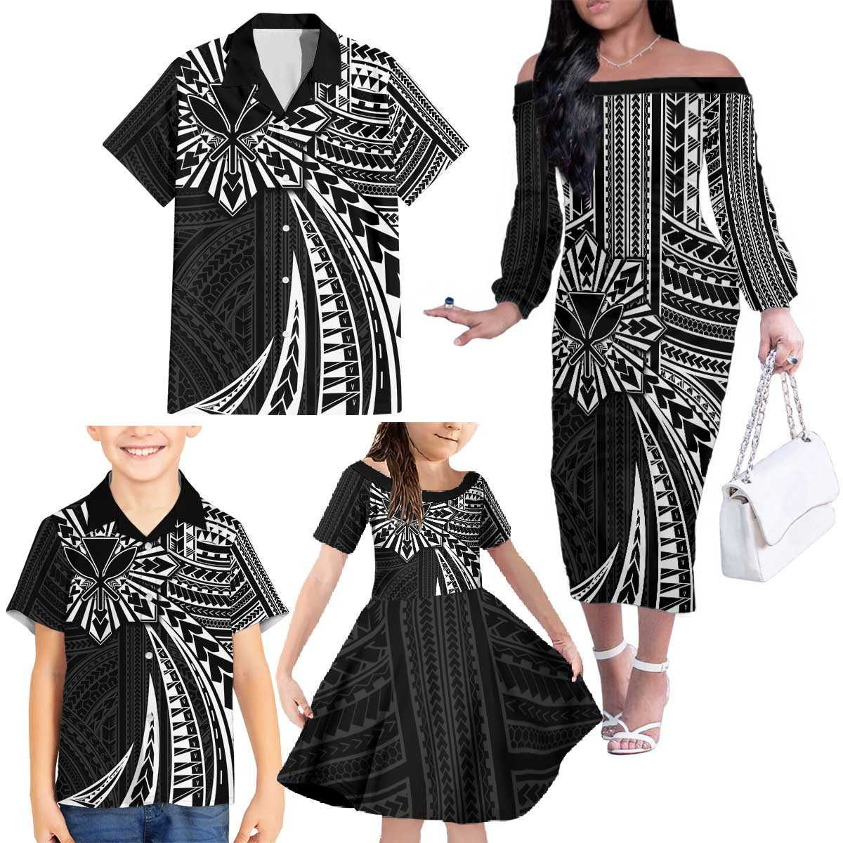 Hawaii And Philippines Family Matching Off The Shoulder Long Sleeve Dress and Hawaiian Shirt Kanaka Maoli With Tribal Sun Together Black LT05 - Polynesian Pride