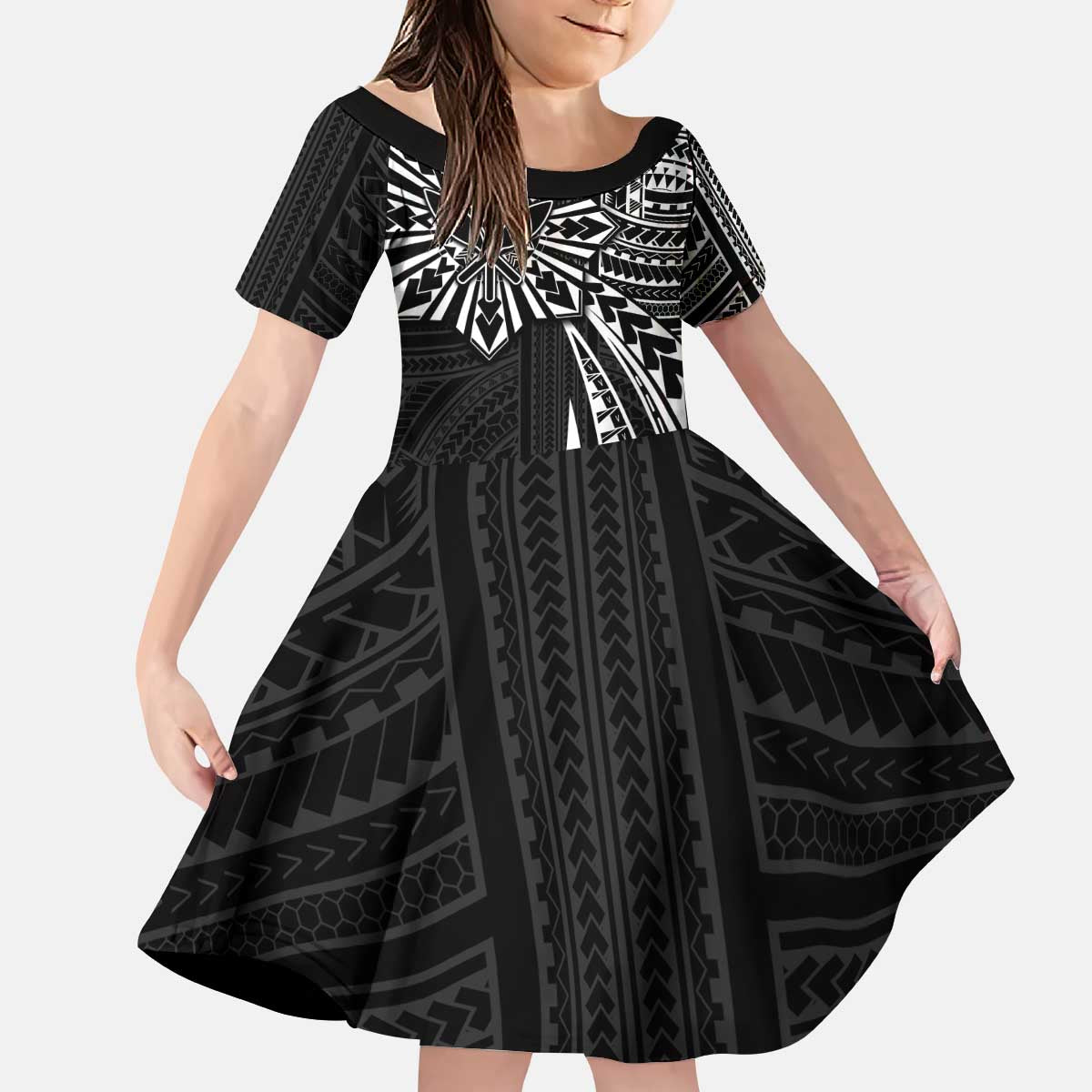 Hawaii And Philippines Kid Short Sleeve Dress Kanaka Maoli With Tribal Sun Together Black LT05 KID Black - Polynesian Pride