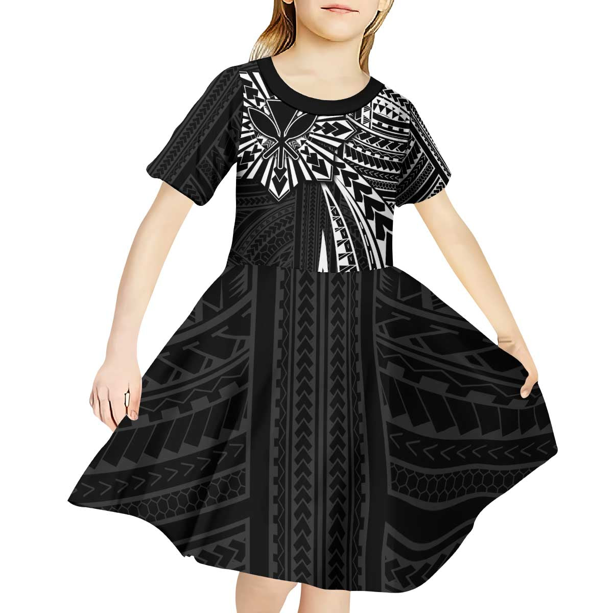 Hawaii And Philippines Kid Short Sleeve Dress Kanaka Maoli With Tribal Sun Together Black LT05 - Polynesian Pride