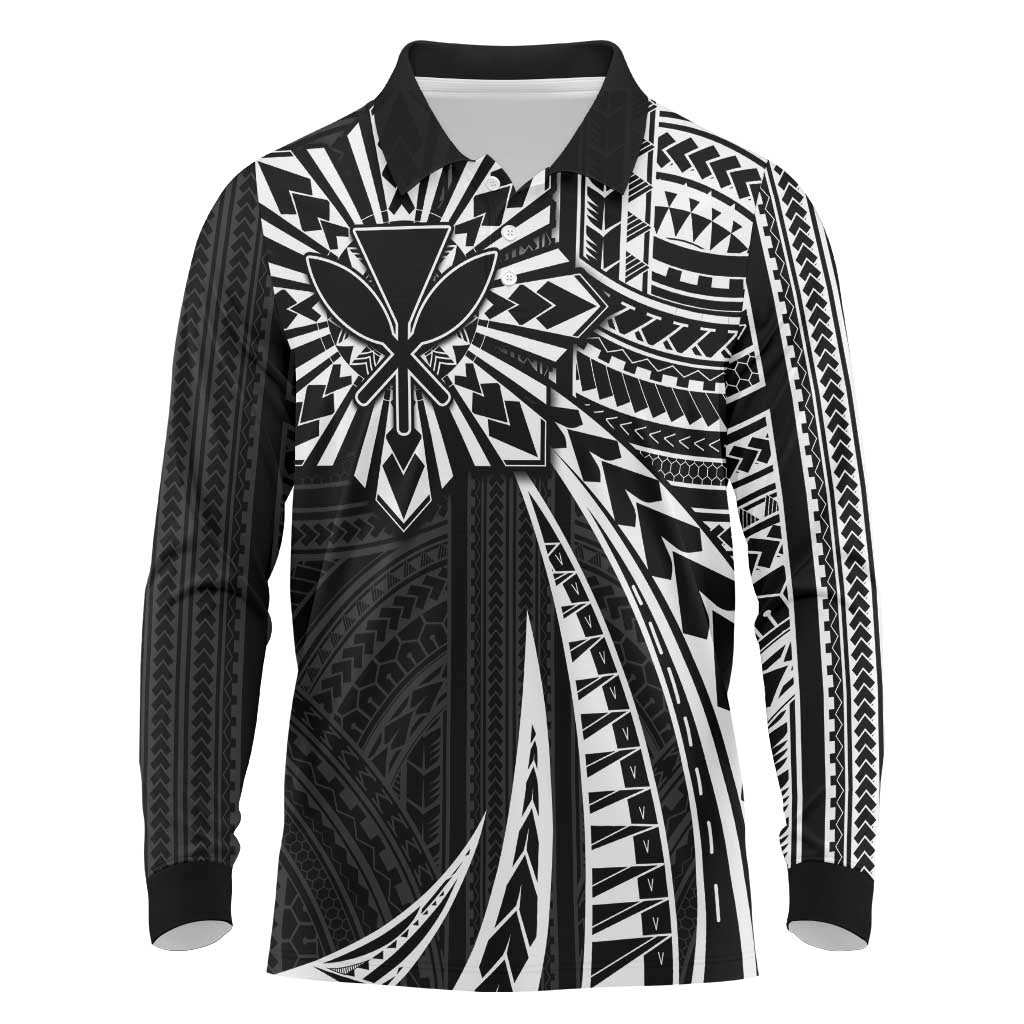 Hawaii And Philippines Long Sleeve Polo Shirt Kanaka Maoli With Tribal Sun Together Black LT05 Black - Polynesian Pride