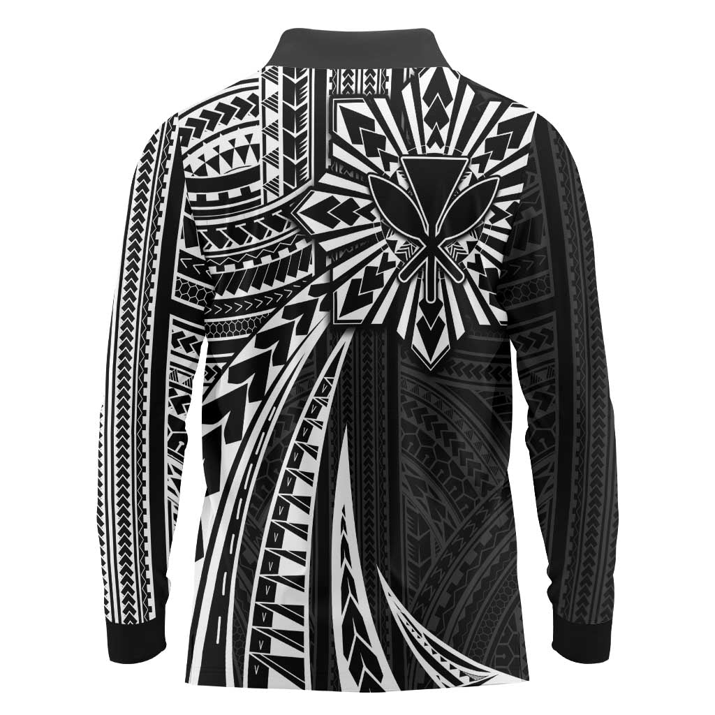 Hawaii And Philippines Long Sleeve Polo Shirt Kanaka Maoli With Tribal Sun Together Black LT05 - Polynesian Pride
