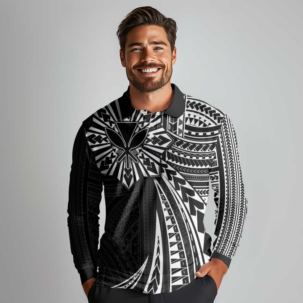 Hawaii And Philippines Long Sleeve Polo Shirt Kanaka Maoli With Tribal Sun Together Black LT05 - Polynesian Pride