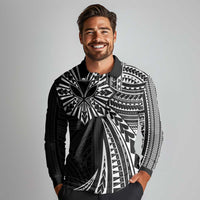 Hawaii And Philippines Long Sleeve Polo Shirt Kanaka Maoli With Tribal Sun Together Black LT05 - Polynesian Pride