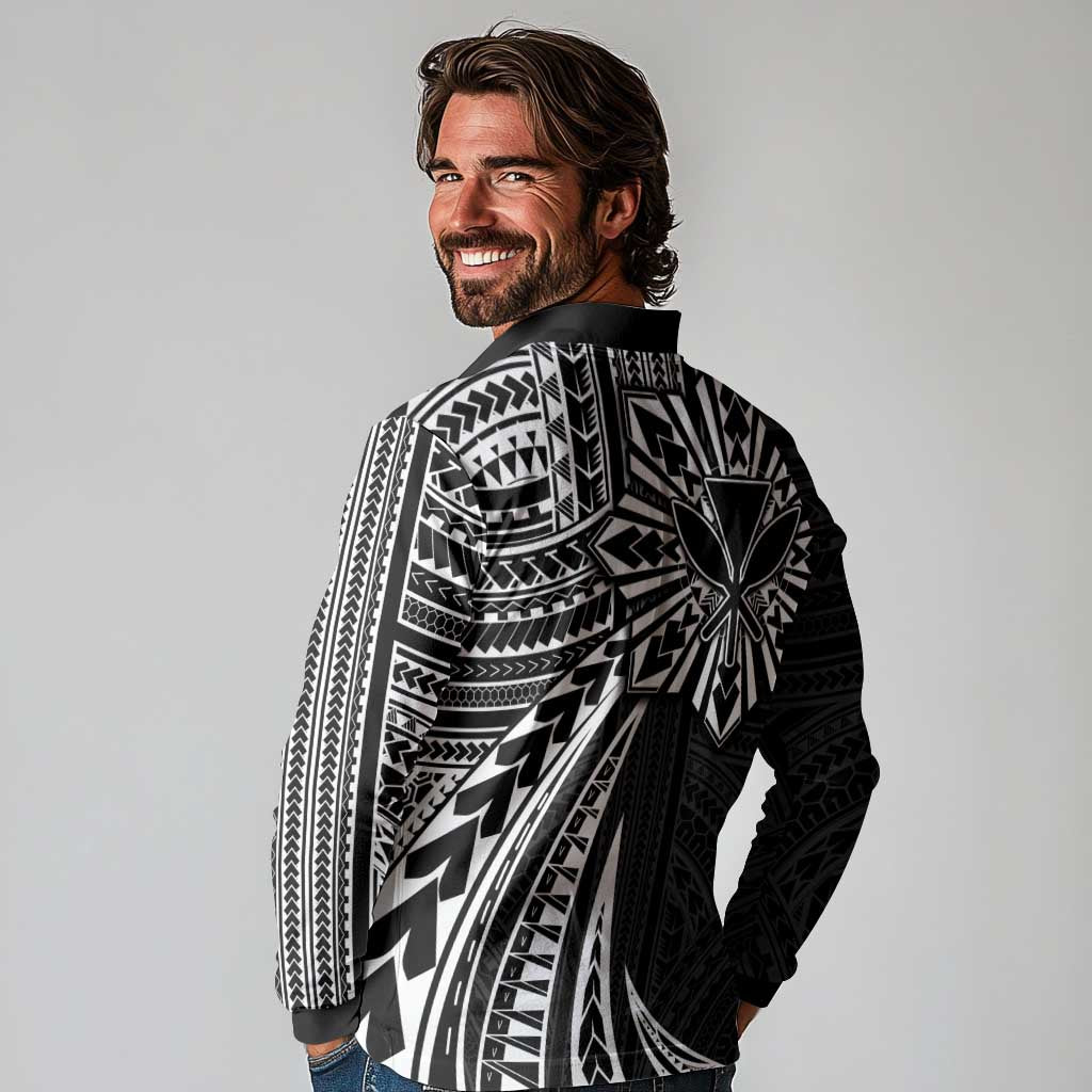 Hawaii And Philippines Long Sleeve Polo Shirt Kanaka Maoli With Tribal Sun Together Black LT05 - Polynesian Pride