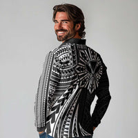 Hawaii And Philippines Long Sleeve Polo Shirt Kanaka Maoli With Tribal Sun Together Black LT05 - Polynesian Pride