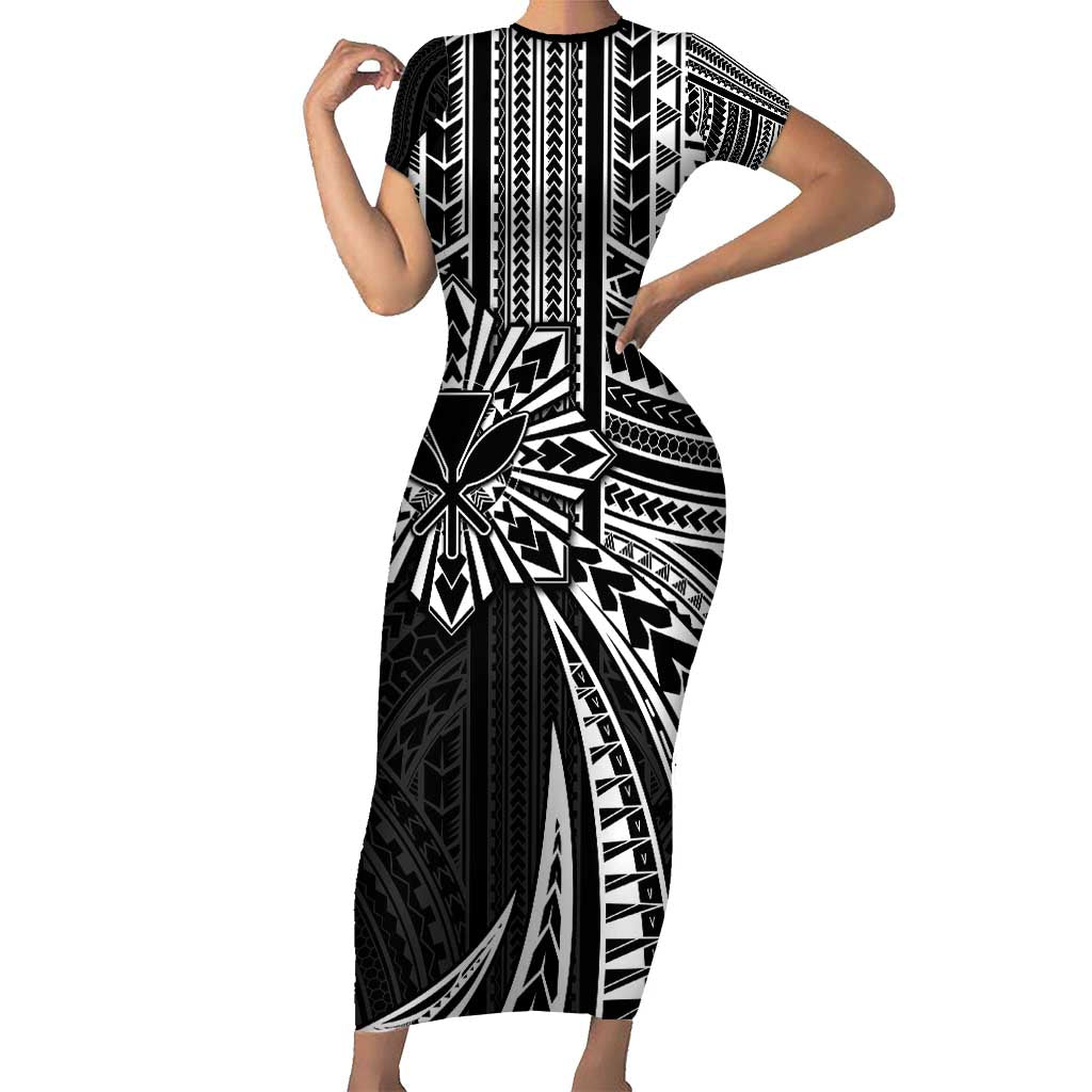 Hawaii And Philippines Short Sleeve Bodycon Dress Kanaka Maoli With Tribal Sun Together Black LT05 Long Dress Black - Polynesian Pride