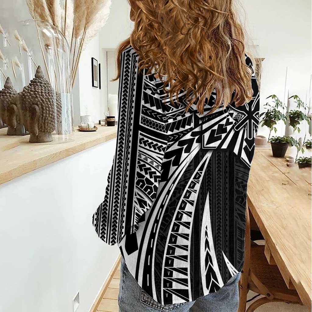 Hawaii And Philippines Women Casual Shirt Kanaka Maoli With Tribal Sun Together Black LT05 - Polynesian Pride