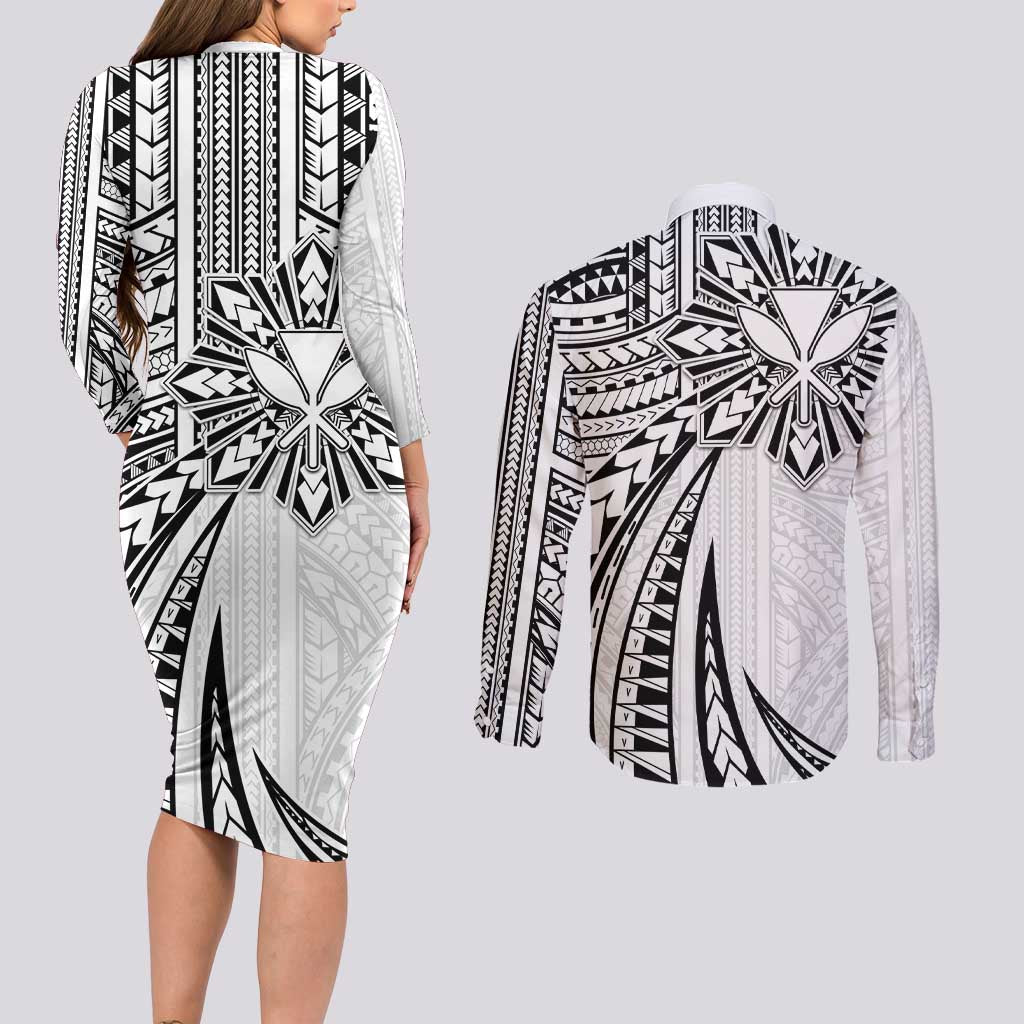 Hawaii And Philippines Couples Matching Long Sleeve Bodycon Dress and Long Sleeve Button Shirt Kanaka Maoli With Tribal Sun Together White LT05 - Polynesian Pride