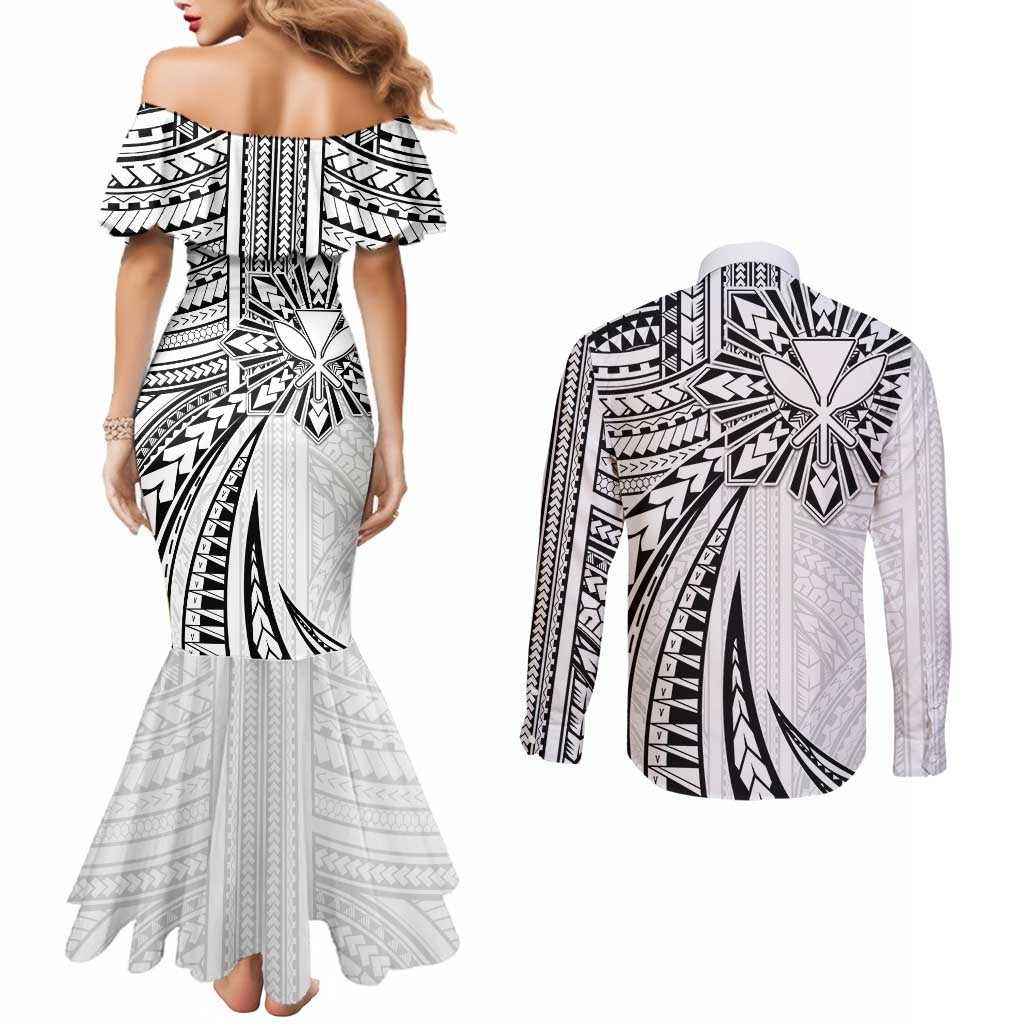 Hawaii And Philippines Couples Matching Mermaid Dress and Long Sleeve Button Shirt Kanaka Maoli With Tribal Sun Together White LT05 - Polynesian Pride