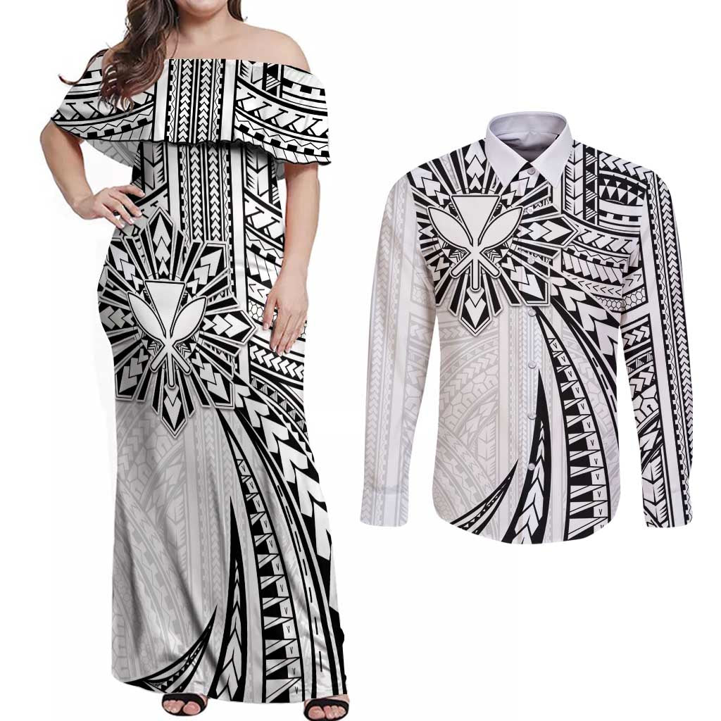 Hawaii And Philippines Couples Matching Off Shoulder Maxi Dress and Long Sleeve Button Shirt Kanaka Maoli With Tribal Sun Together White LT05 White - Polynesian Pride