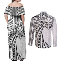 Hawaii And Philippines Couples Matching Off Shoulder Maxi Dress and Long Sleeve Button Shirt Kanaka Maoli With Tribal Sun Together White LT05 - Polynesian Pride