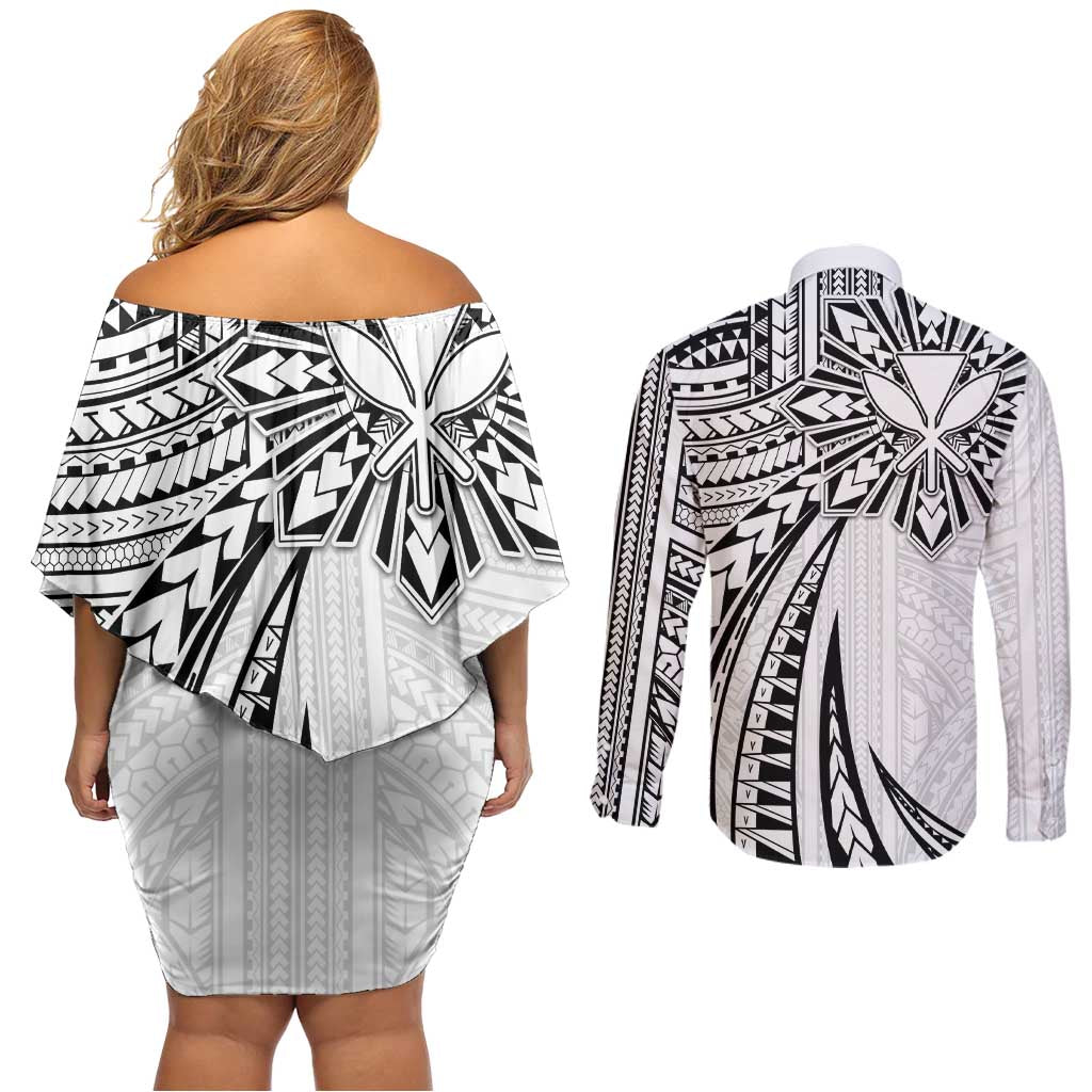 Hawaii And Philippines Couples Matching Off Shoulder Short Dress and Long Sleeve Button Shirt Kanaka Maoli With Tribal Sun Together White LT05 - Polynesian Pride