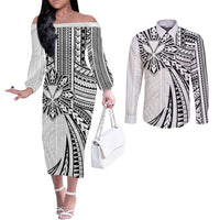 Hawaii And Philippines Couples Matching Off The Shoulder Long Sleeve Dress and Long Sleeve Button Shirt Kanaka Maoli With Tribal Sun Together White LT05 White - Polynesian Pride