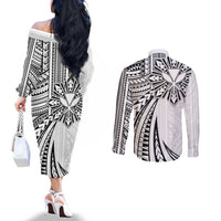 Hawaii And Philippines Couples Matching Off The Shoulder Long Sleeve Dress and Long Sleeve Button Shirt Kanaka Maoli With Tribal Sun Together White LT05 - Polynesian Pride
