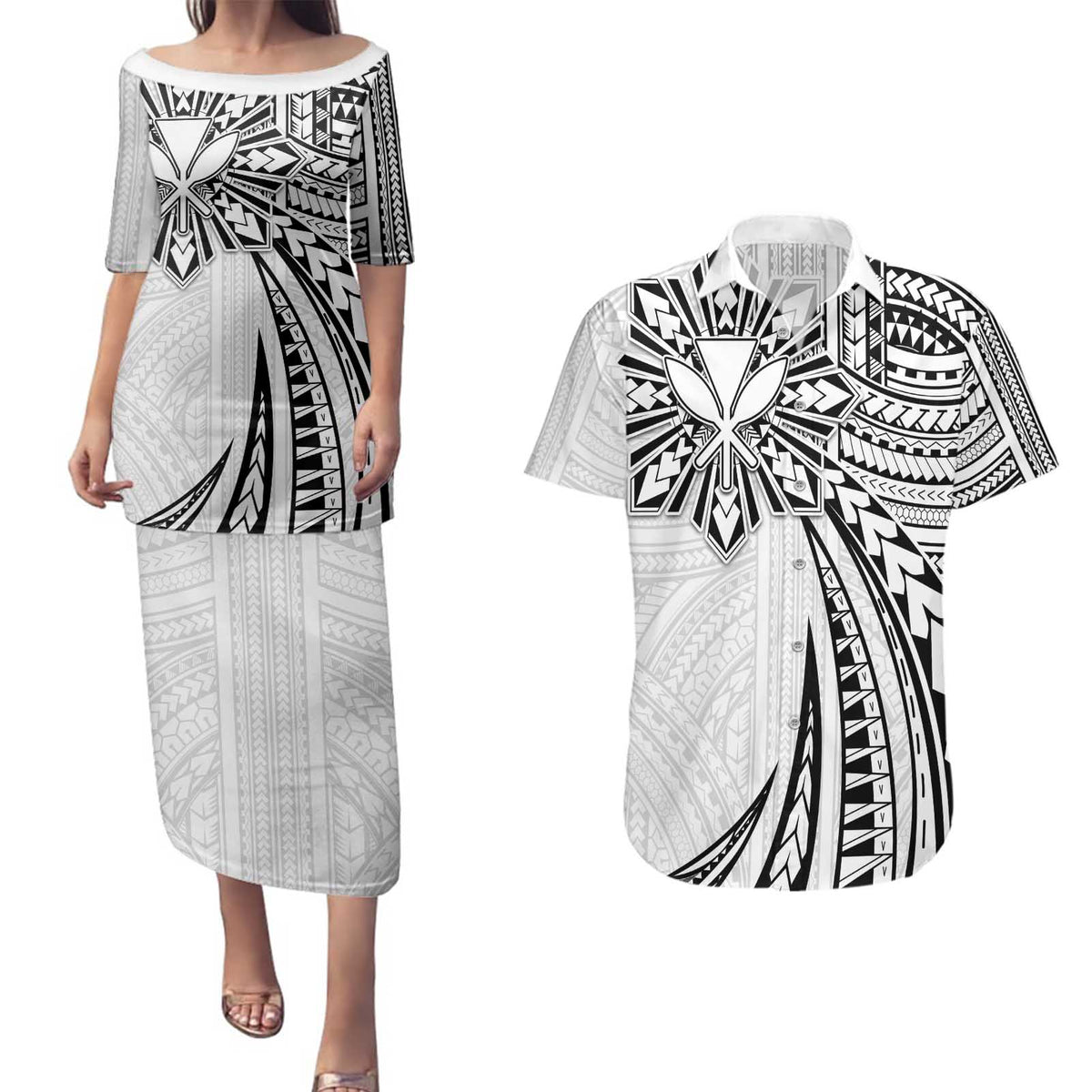Hawaii And Philippines Couples Matching Puletasi and Hawaiian Shirt Kanaka Maoli With Tribal Sun Together White LT05 White - Polynesian Pride