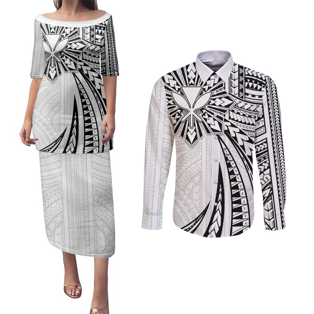 Hawaii And Philippines Couples Matching Puletasi and Long Sleeve Button Shirt Kanaka Maoli With Tribal Sun Together White LT05 White - Polynesian Pride