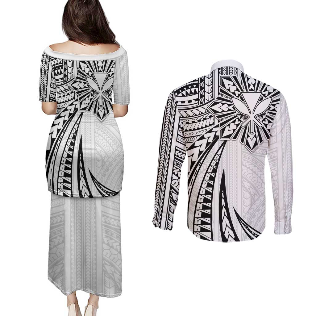 Hawaii And Philippines Couples Matching Puletasi and Long Sleeve Button Shirt Kanaka Maoli With Tribal Sun Together White LT05 - Polynesian Pride